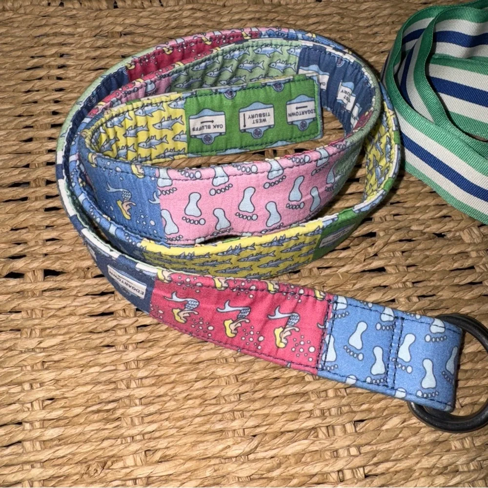 Bundle of Two Vtg Vineyard Vines Web Ribbon Belts Nautical M Blue Green Beach